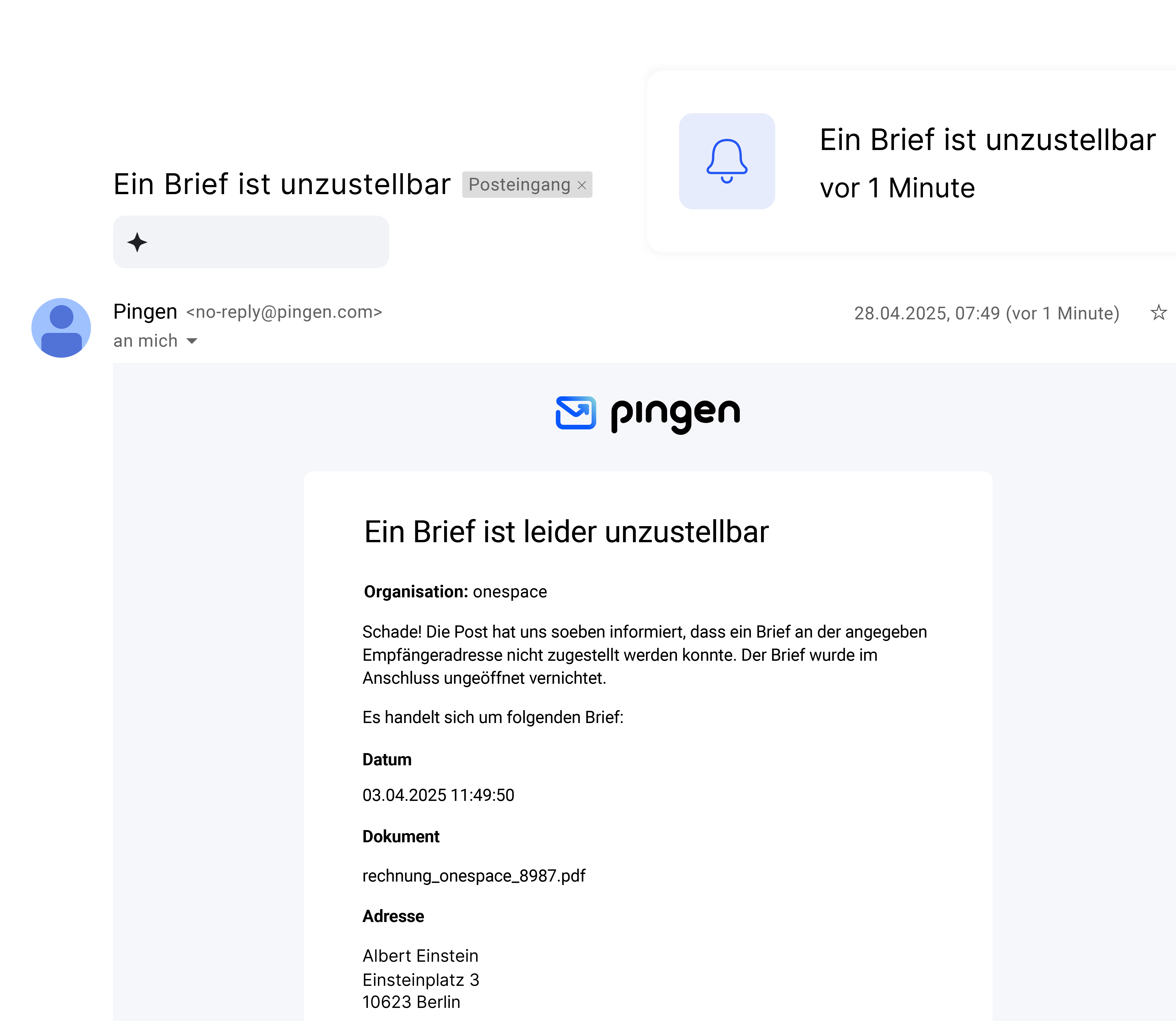 E-Mail-Benachrichtigung von Pingen über eine zurückgesandte Sendung