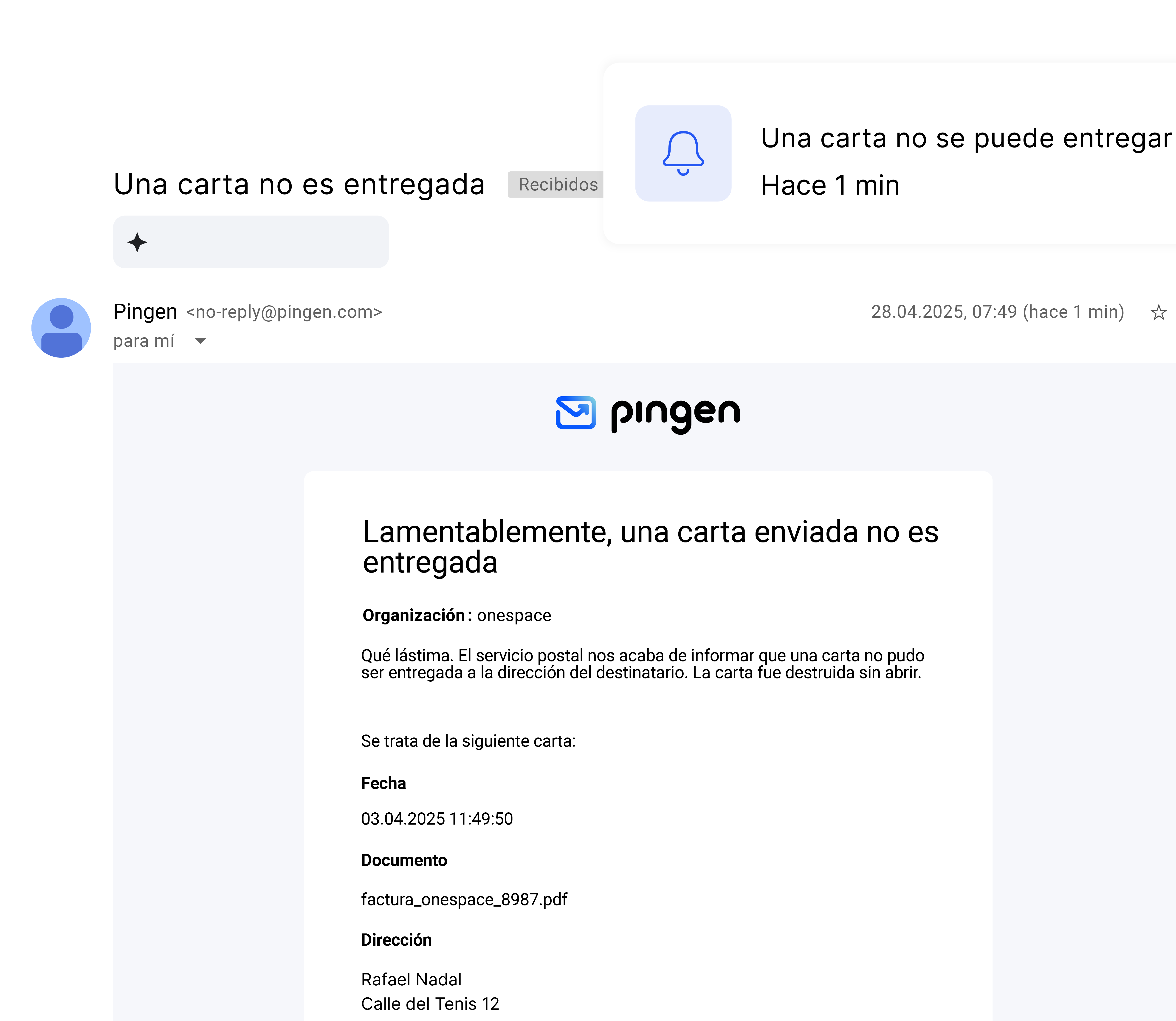 Notificación por correo electrónico de Pingen sobre un correo devuelto
