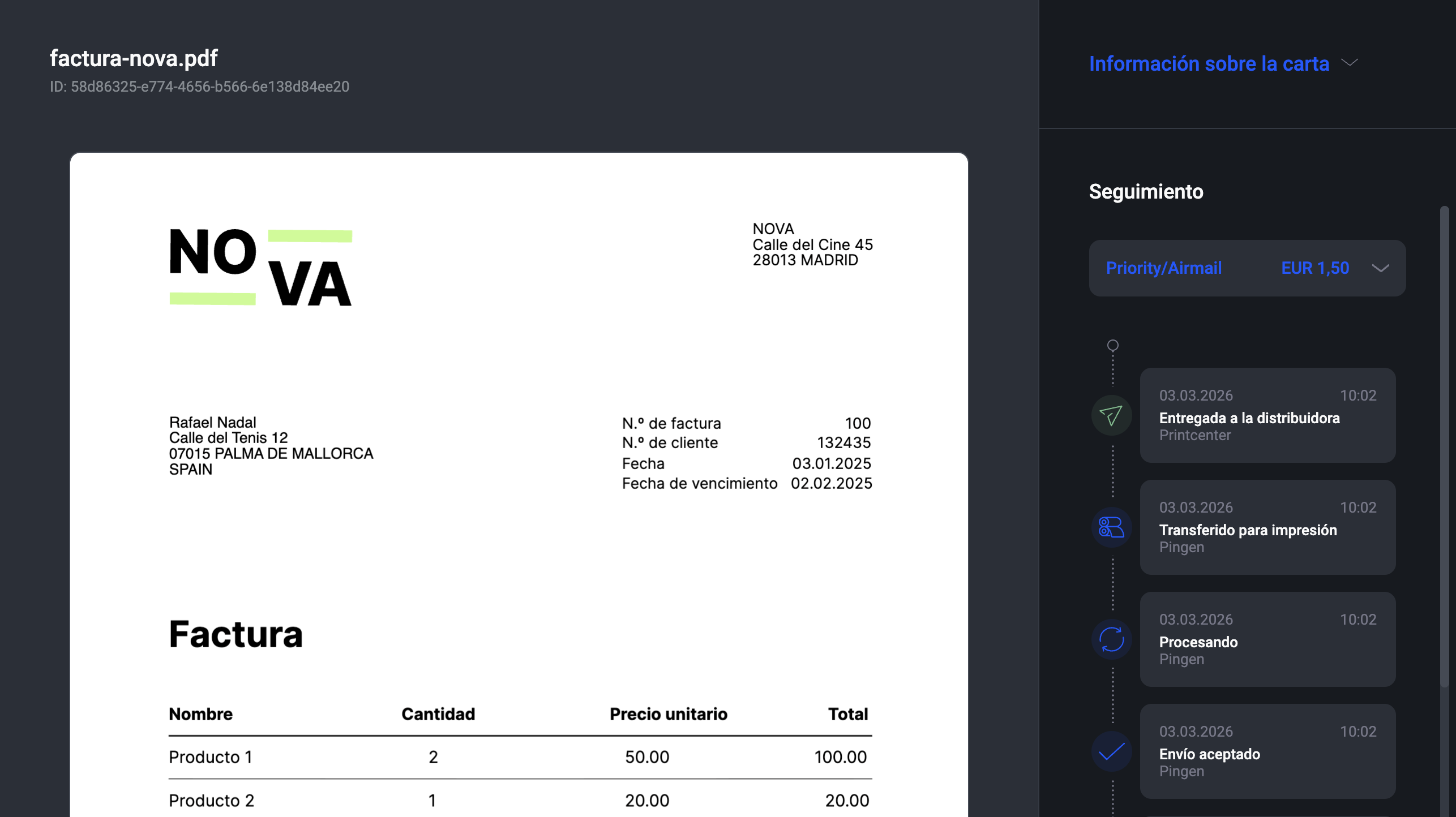 Interfaz de Pingen que muestra información de seguimiento de cartas salientes en tiempo real