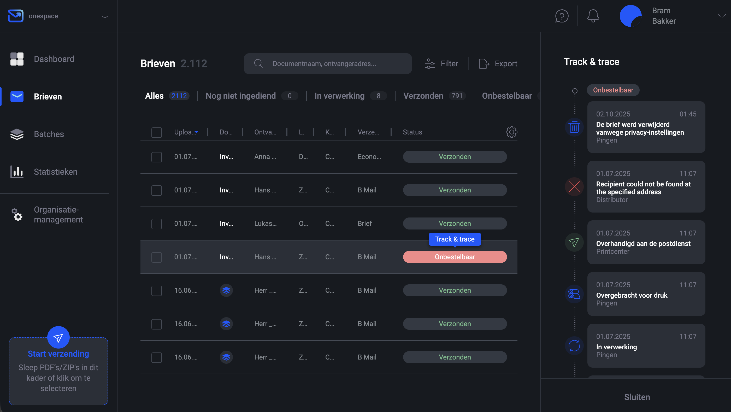 Pingen brievenlijst toont de automatische afhandeling van onbestelbare post