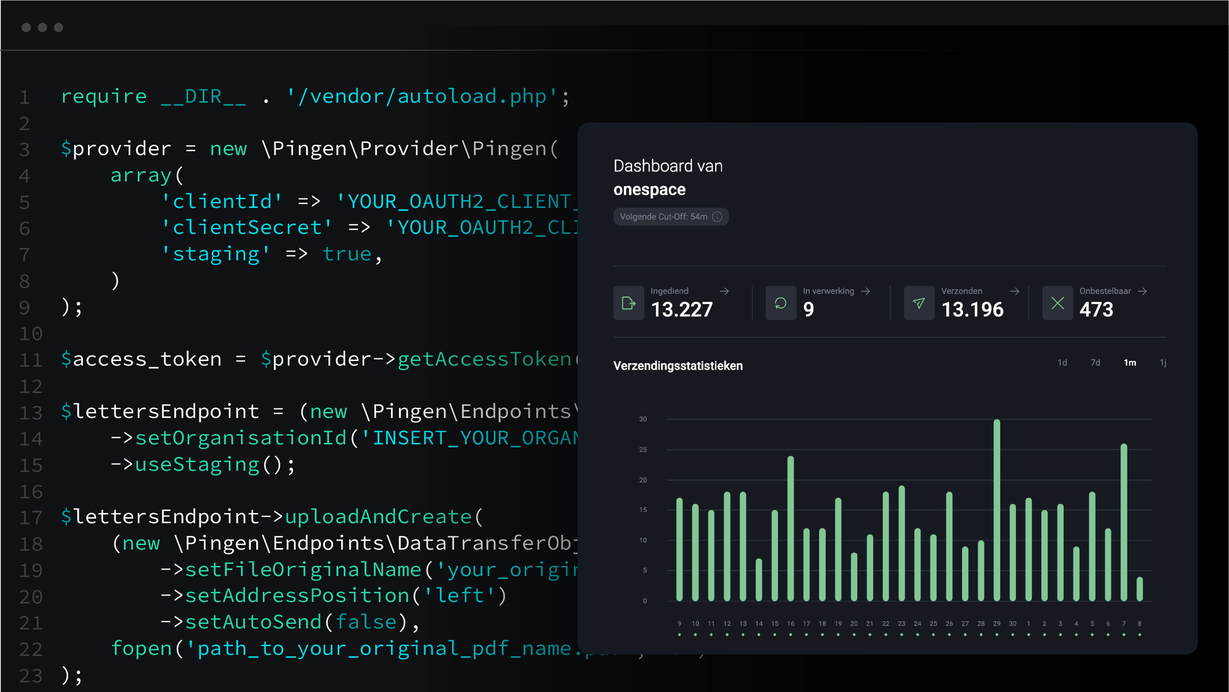 Voorbeeld van PHP-code die laat zien hoe de Pingen API wordt gebruikt