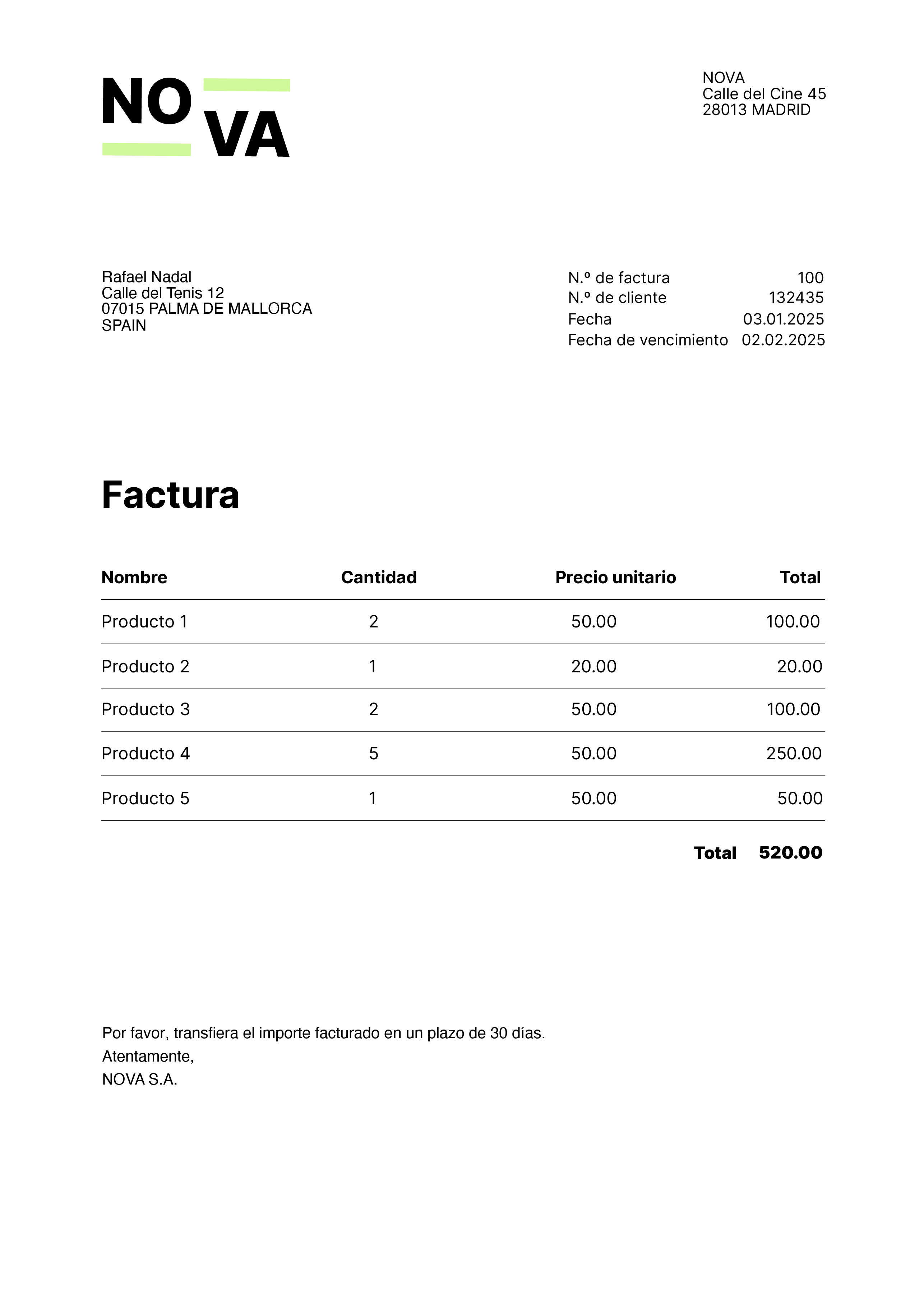 Ejemplo de documento de factura