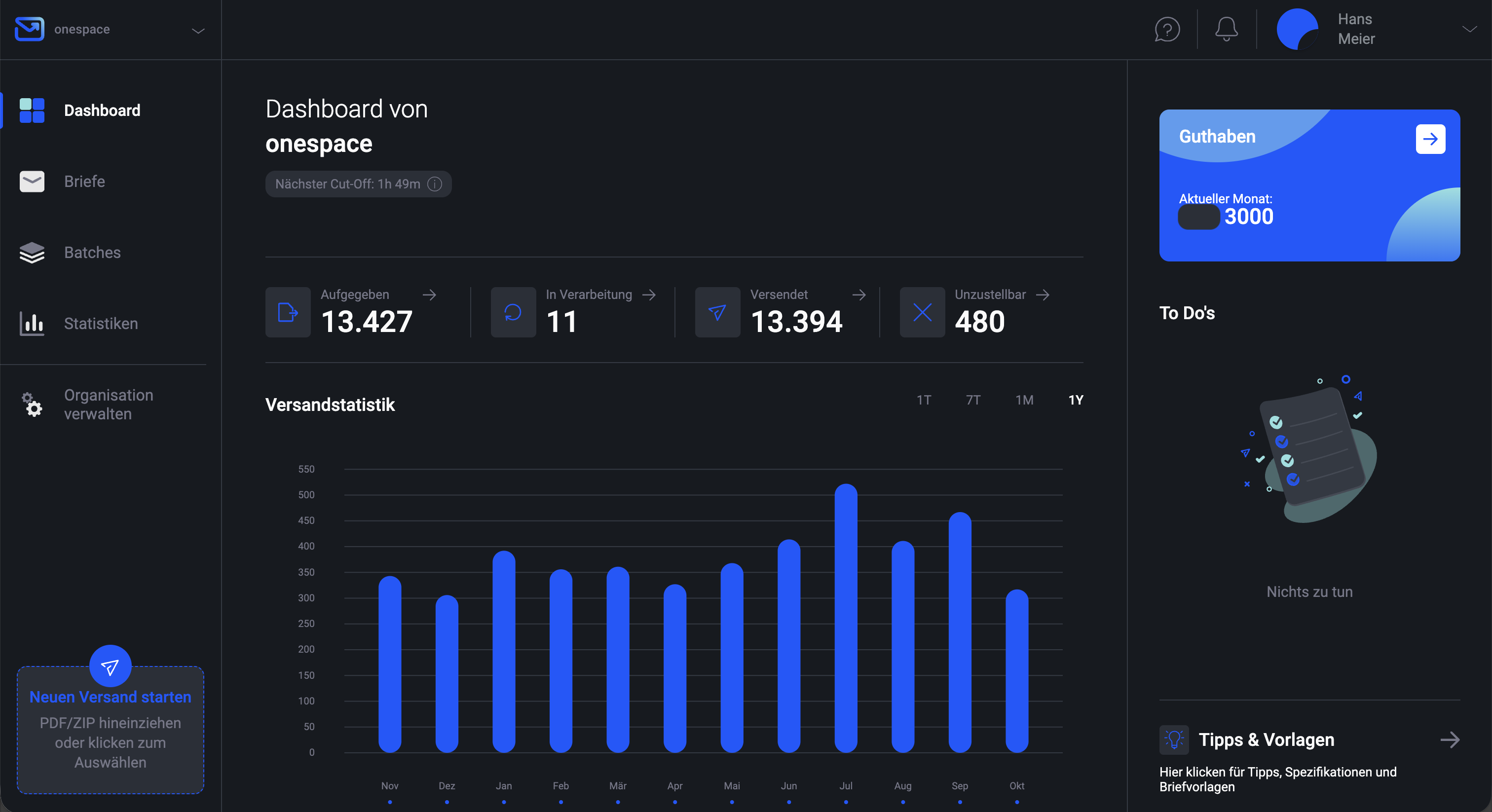 Pingen WebApp-Dashboard:Frankiermaschine