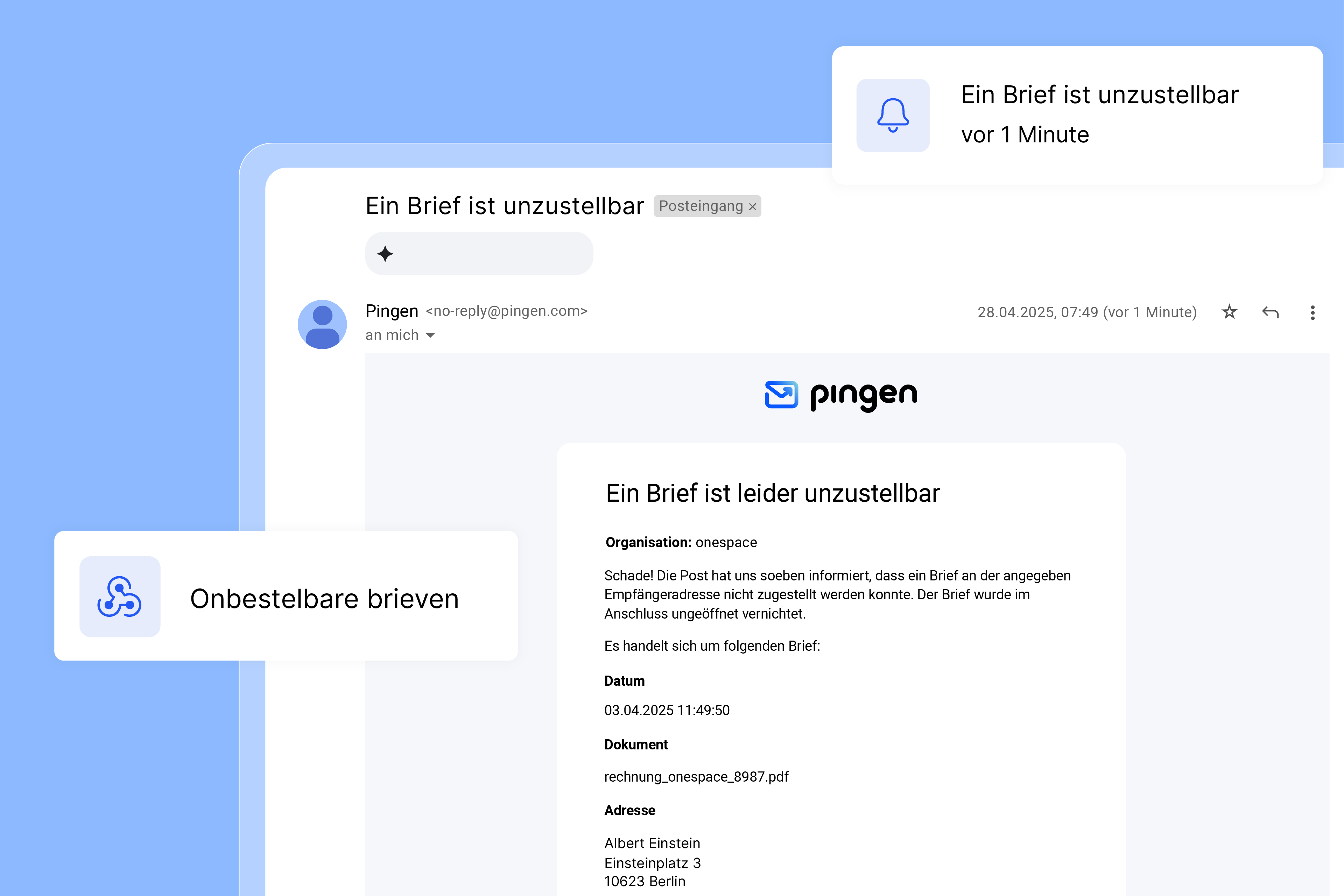 E-Mail-Benachrichtigung von Pingen über eine zurückgesendete Sendung