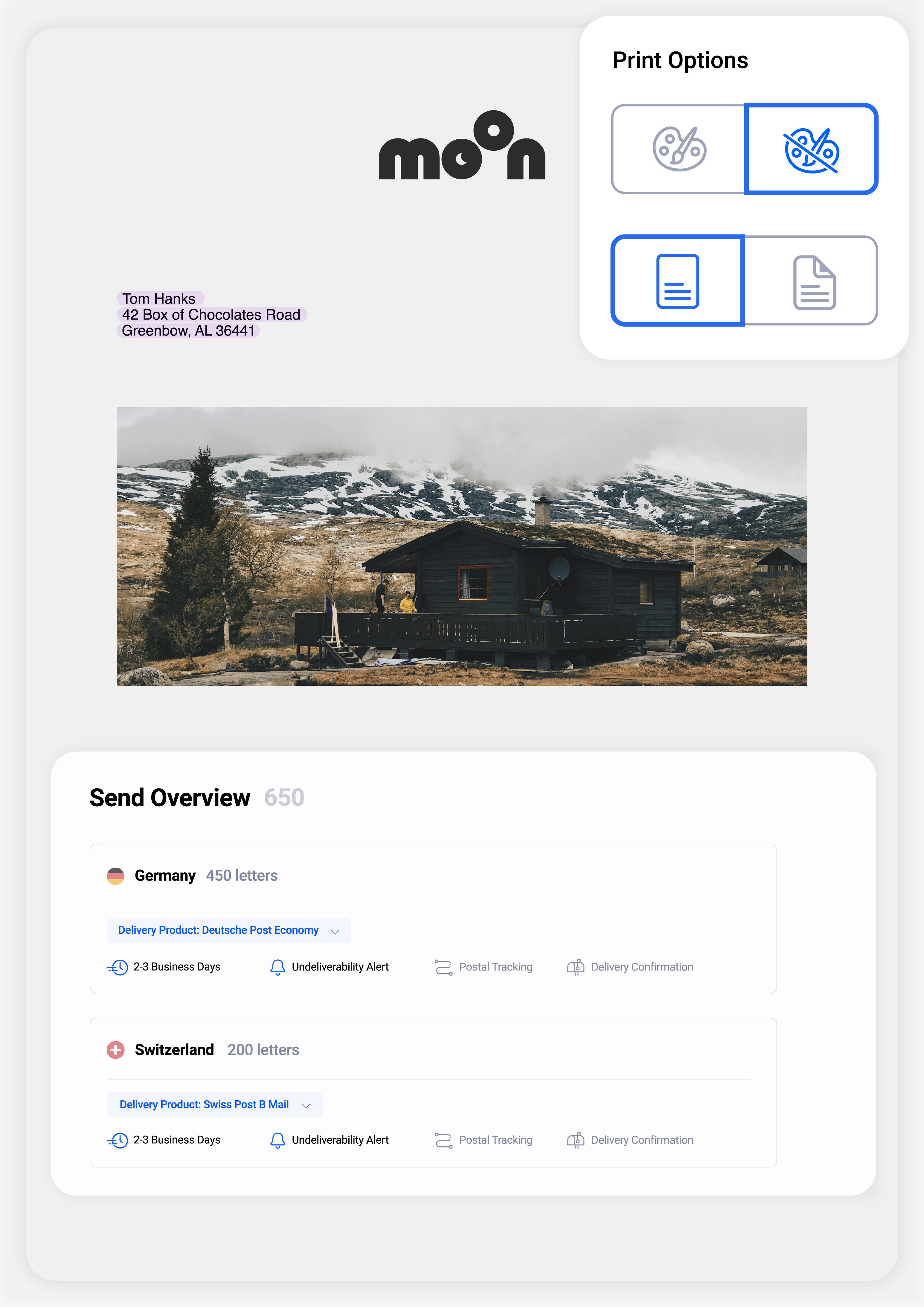 Pingen interface elements for uploading and sending personalised letters online