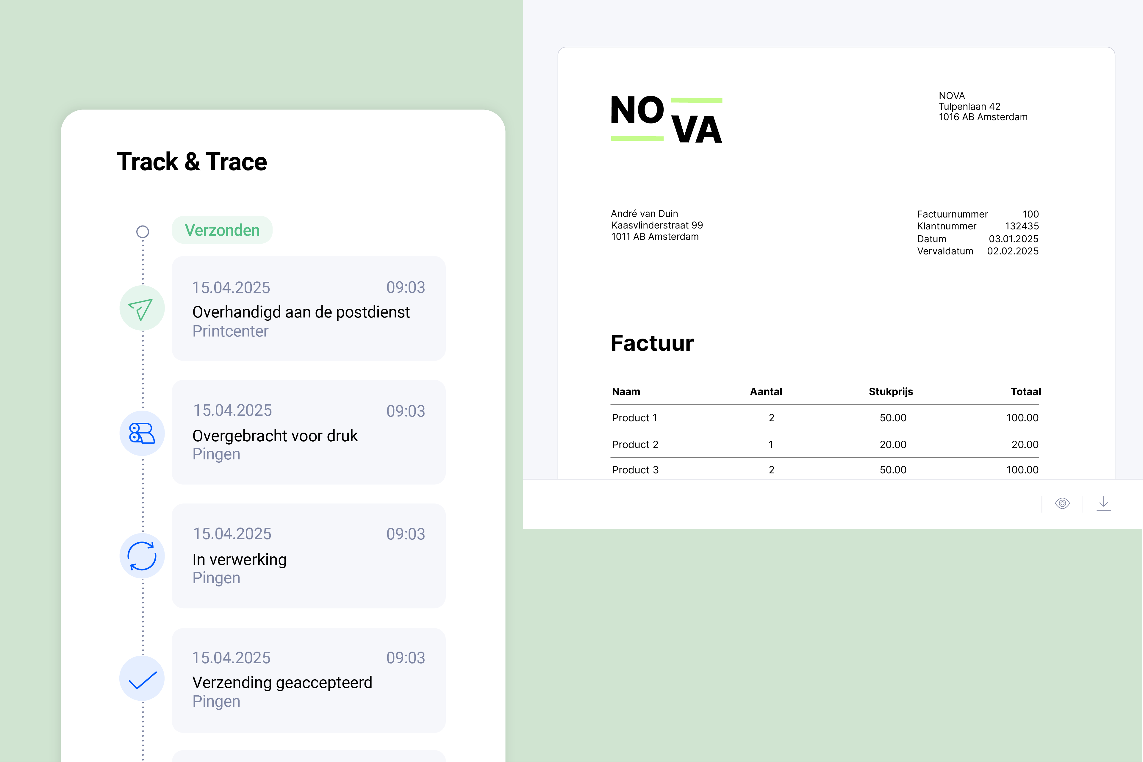Pingen-interface toont realtime tracking van uitgaande brieven