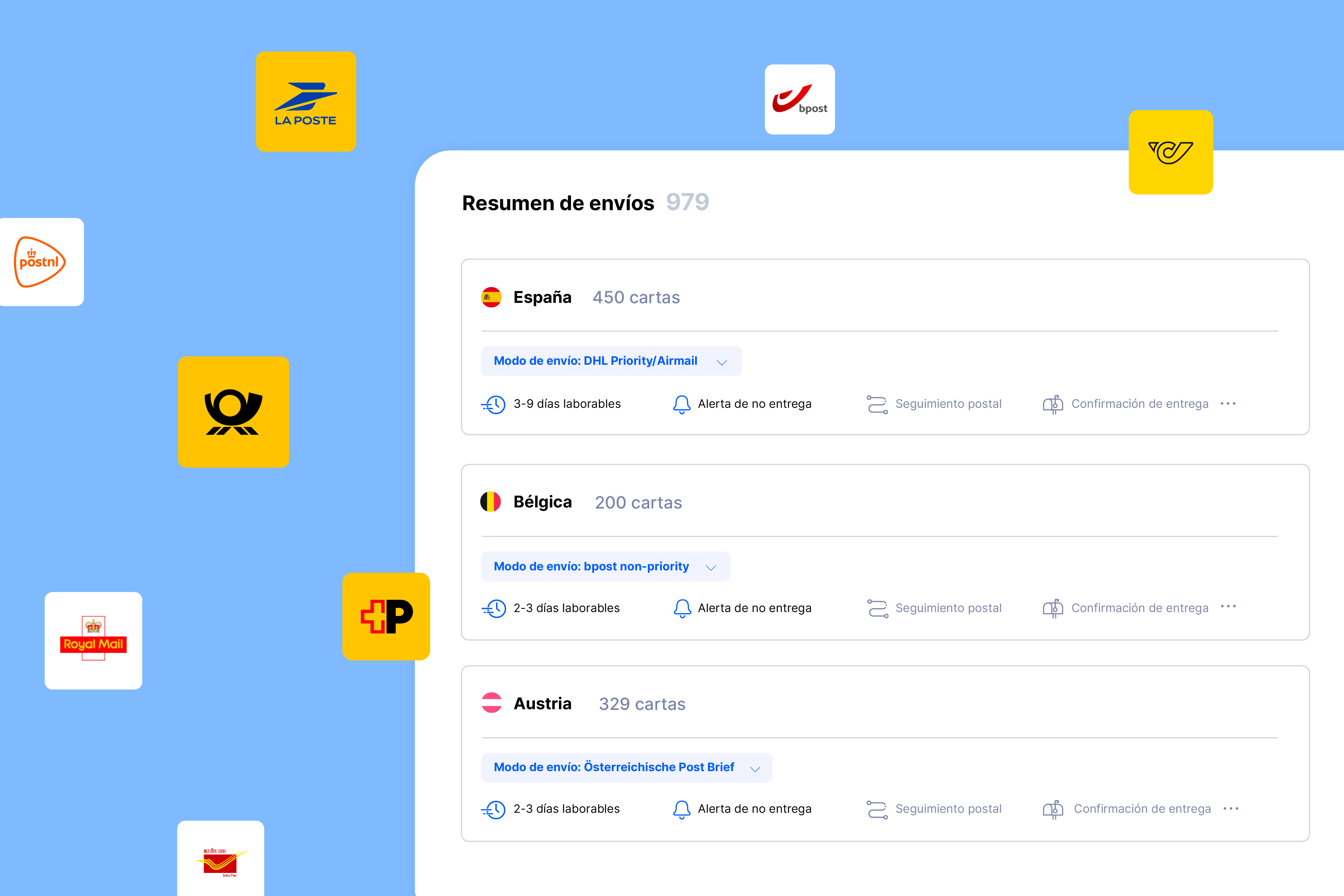 Vista general de envíos en la WebApp de Pingen con logotipos de socios de entrega, incluido el correo local