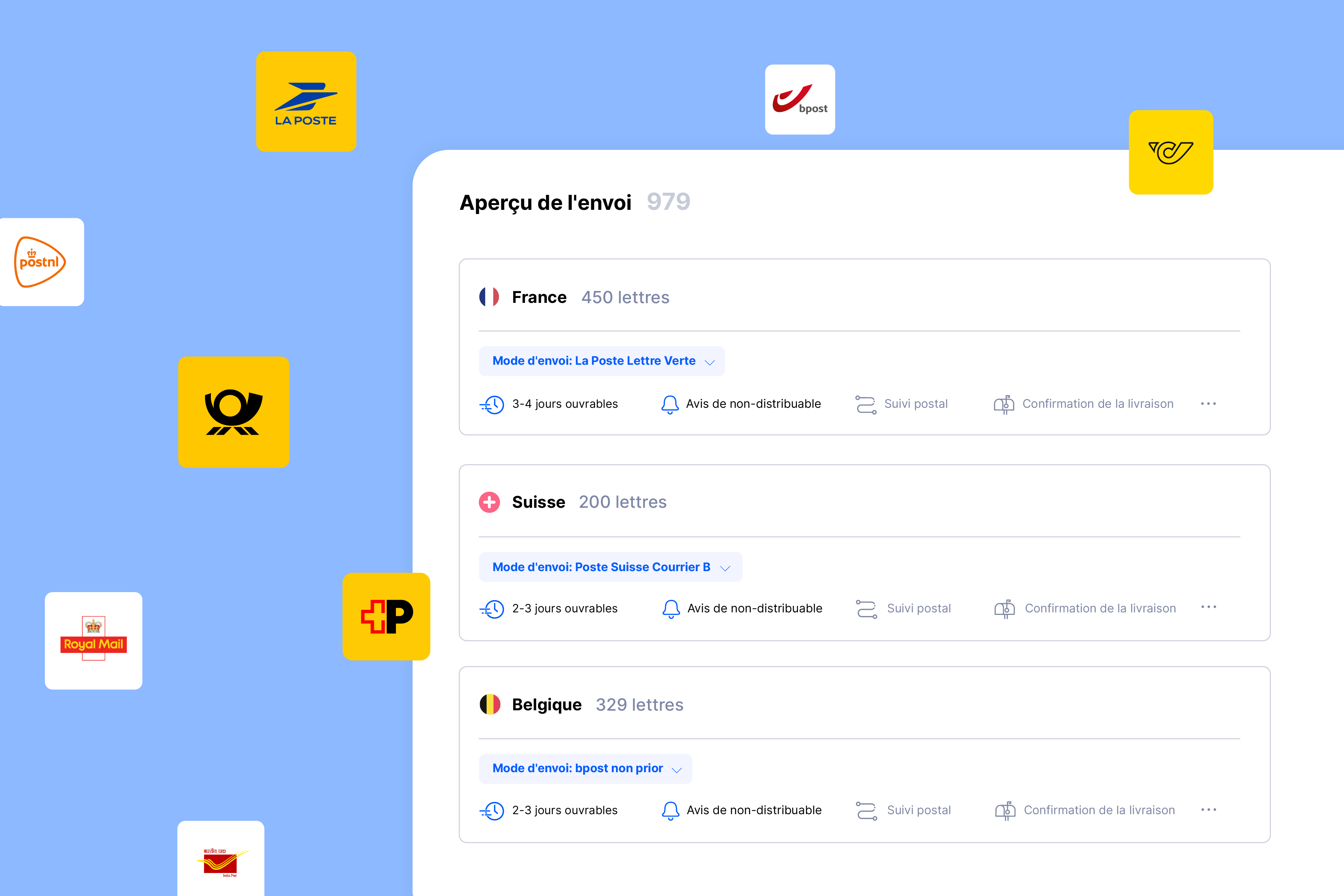 Aperçu des envois dans la WebApp Pingen avec logos postaux