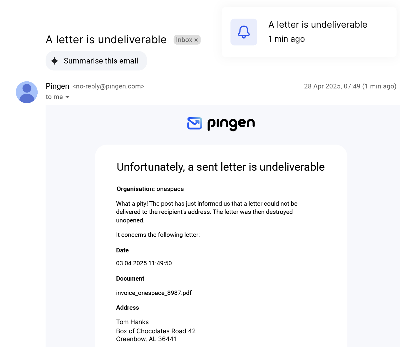 Pingen email notifying about an undeliverable letter