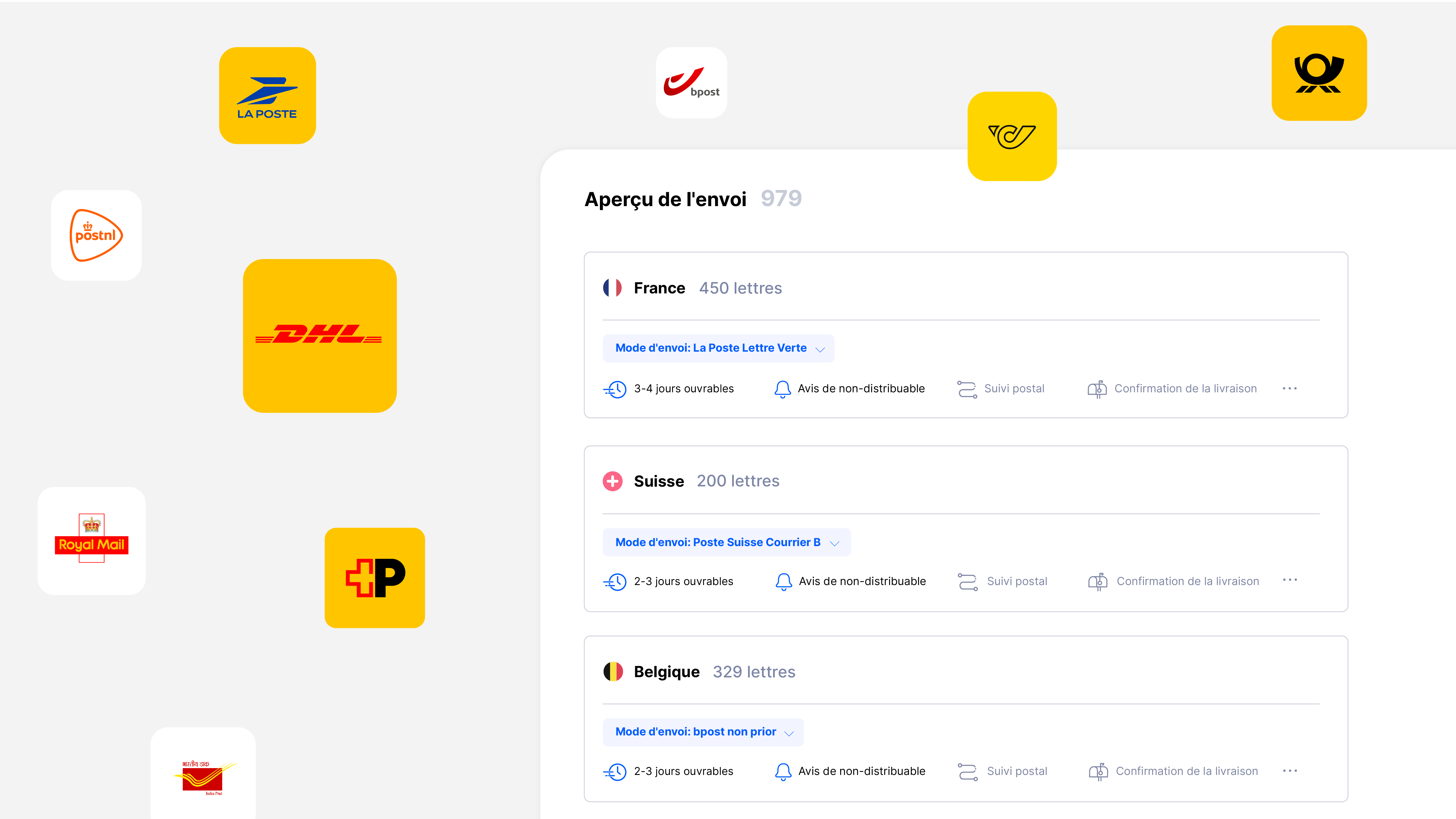 Aperçu des envois dans l’application Web Pingen avec logos des transporteurs
