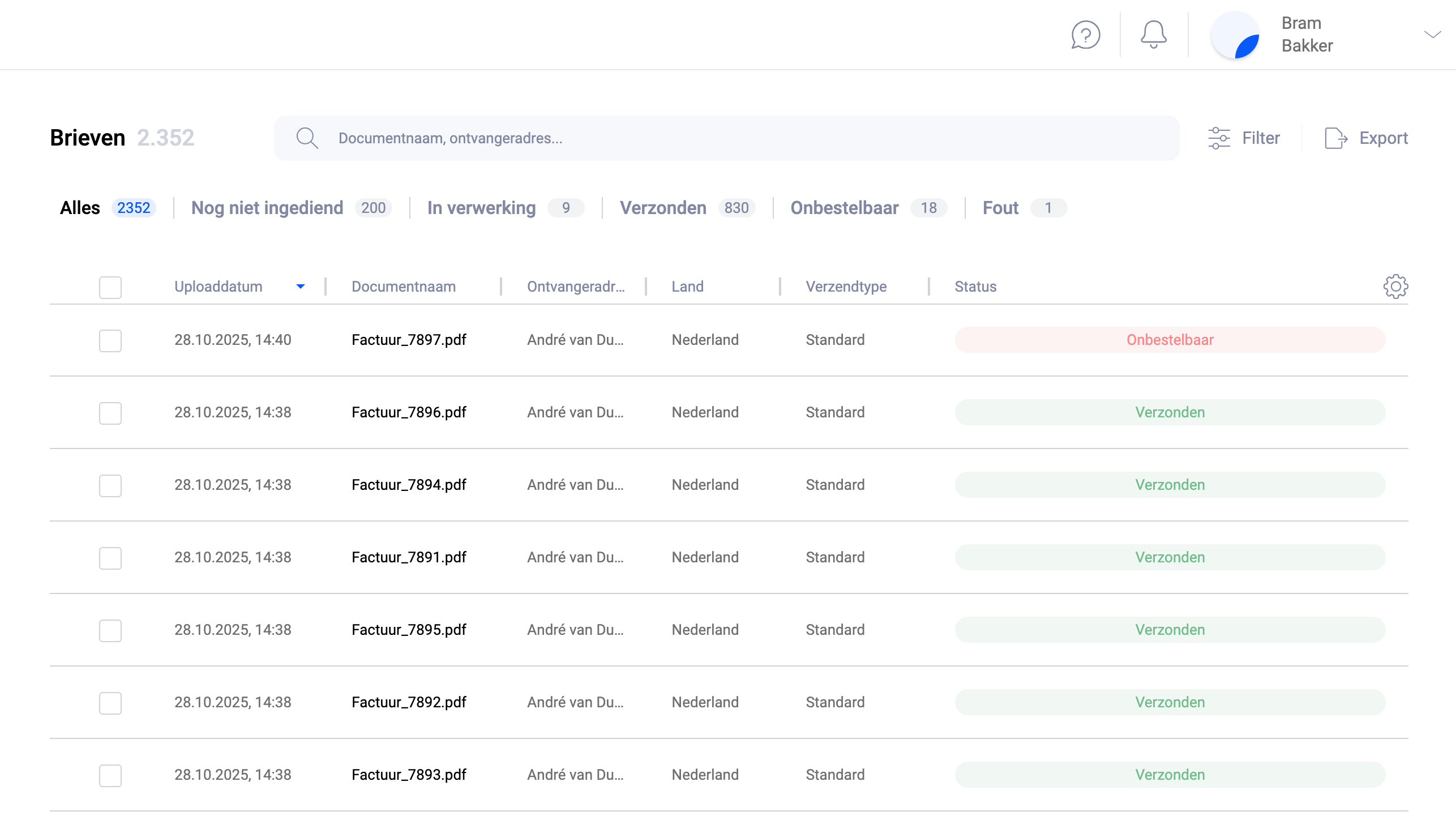 Detailoverzicht van een brief in de Pingen-webapp