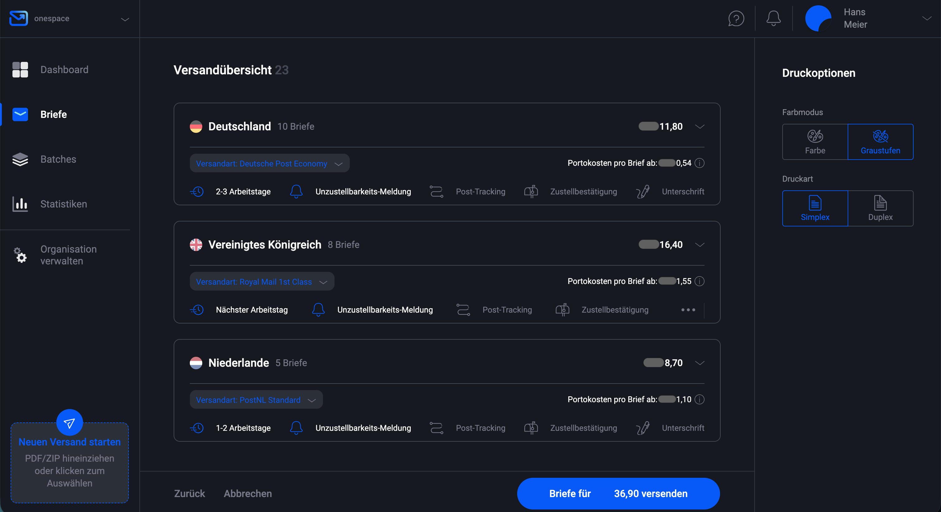Versandübersicht von Briefen in der Pingen-WebApp