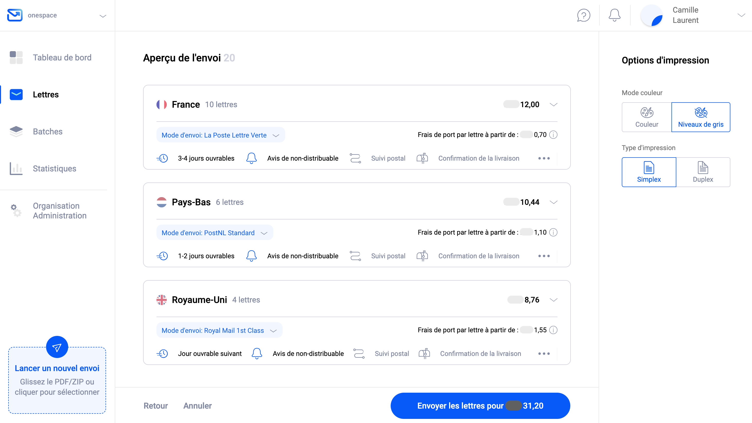 Aperçu de l'envoi Pingen WebApp