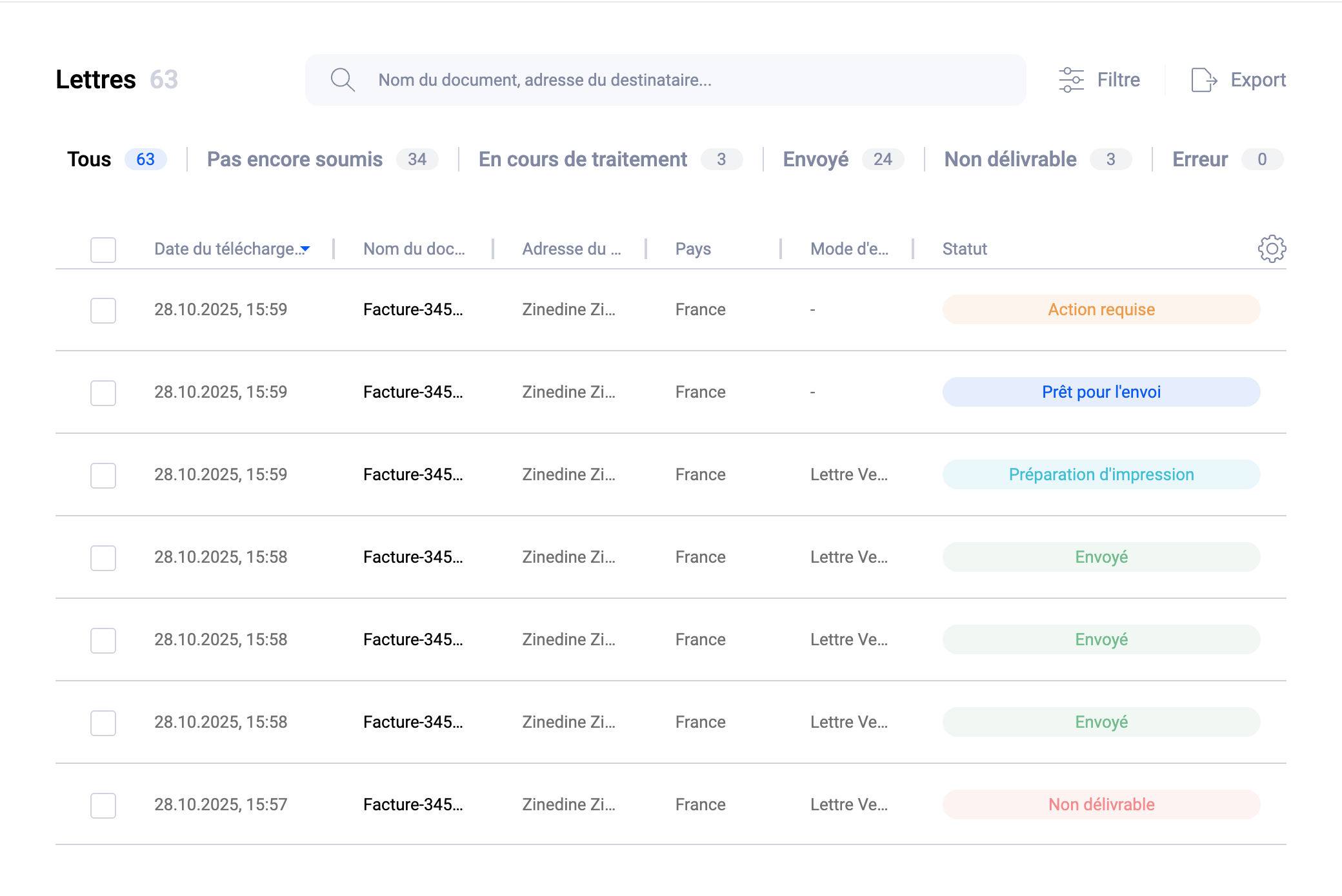 Pingen WebApp lettre suivie