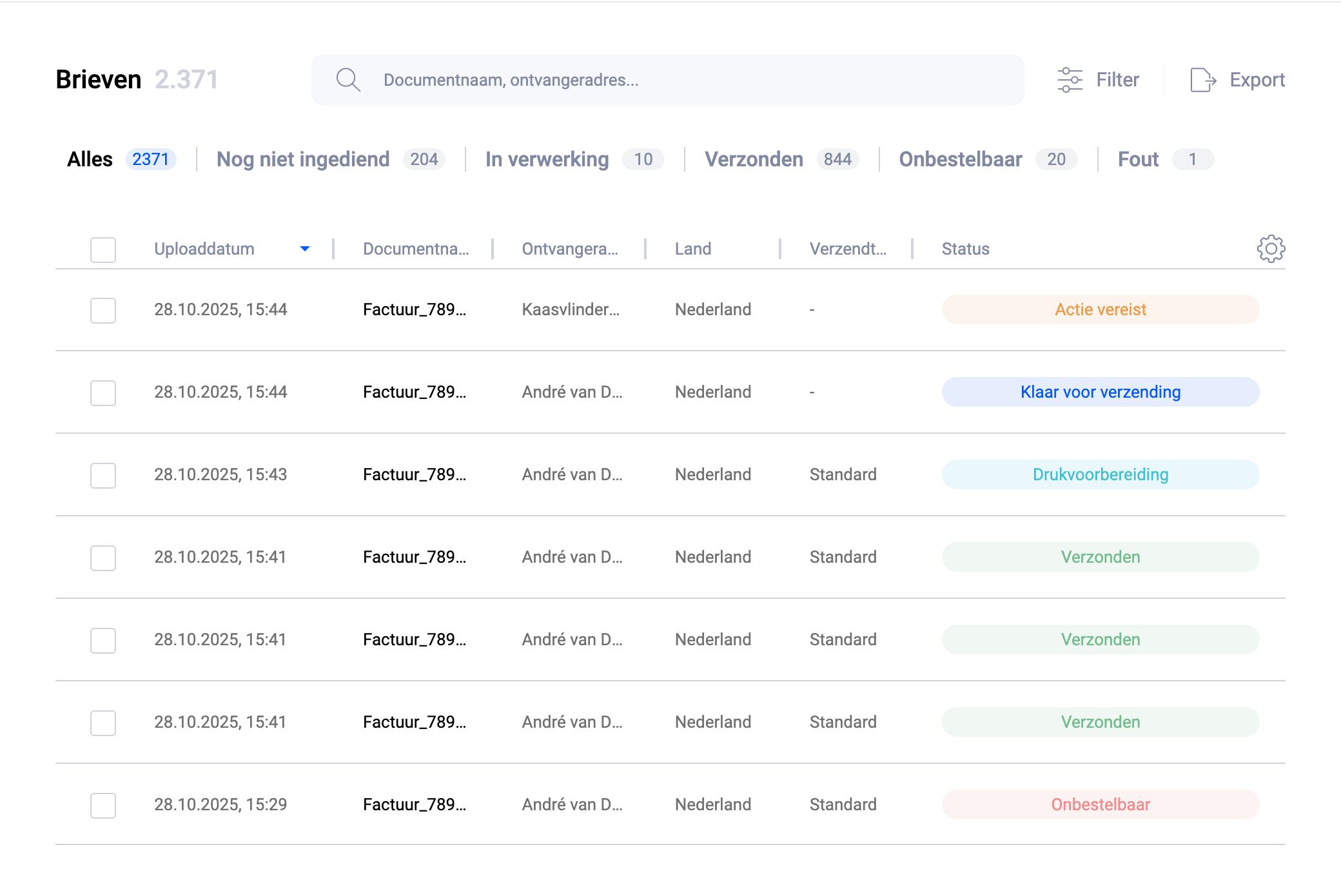 Overzicht briefvolging Pingen webapp