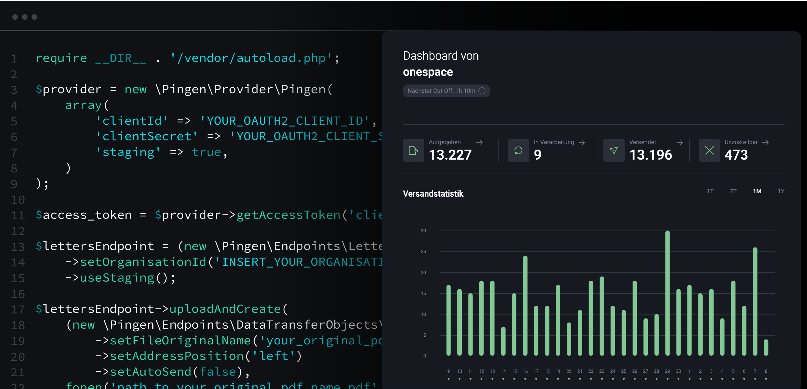 Pingen Letter API mit PHP-Codebeispiel und Dashboard-Ansicht