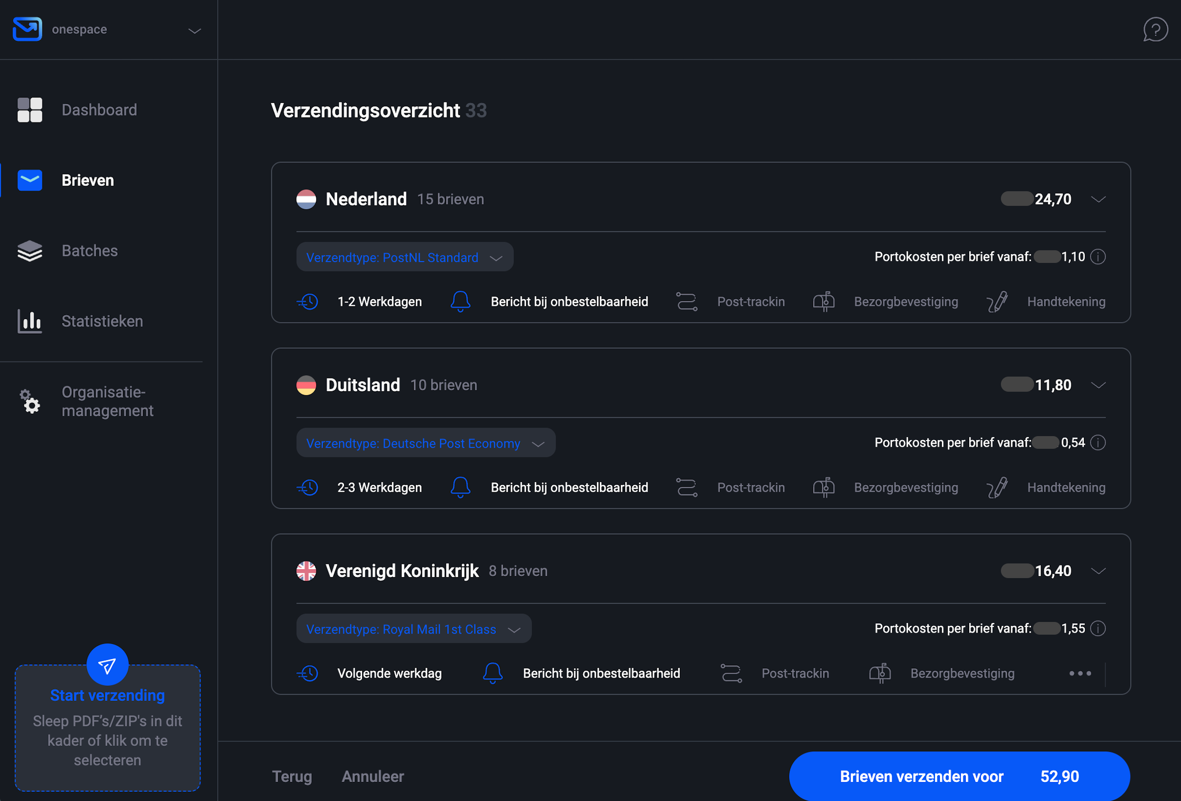 Pingen WebApp - Verzendingsoverzicht