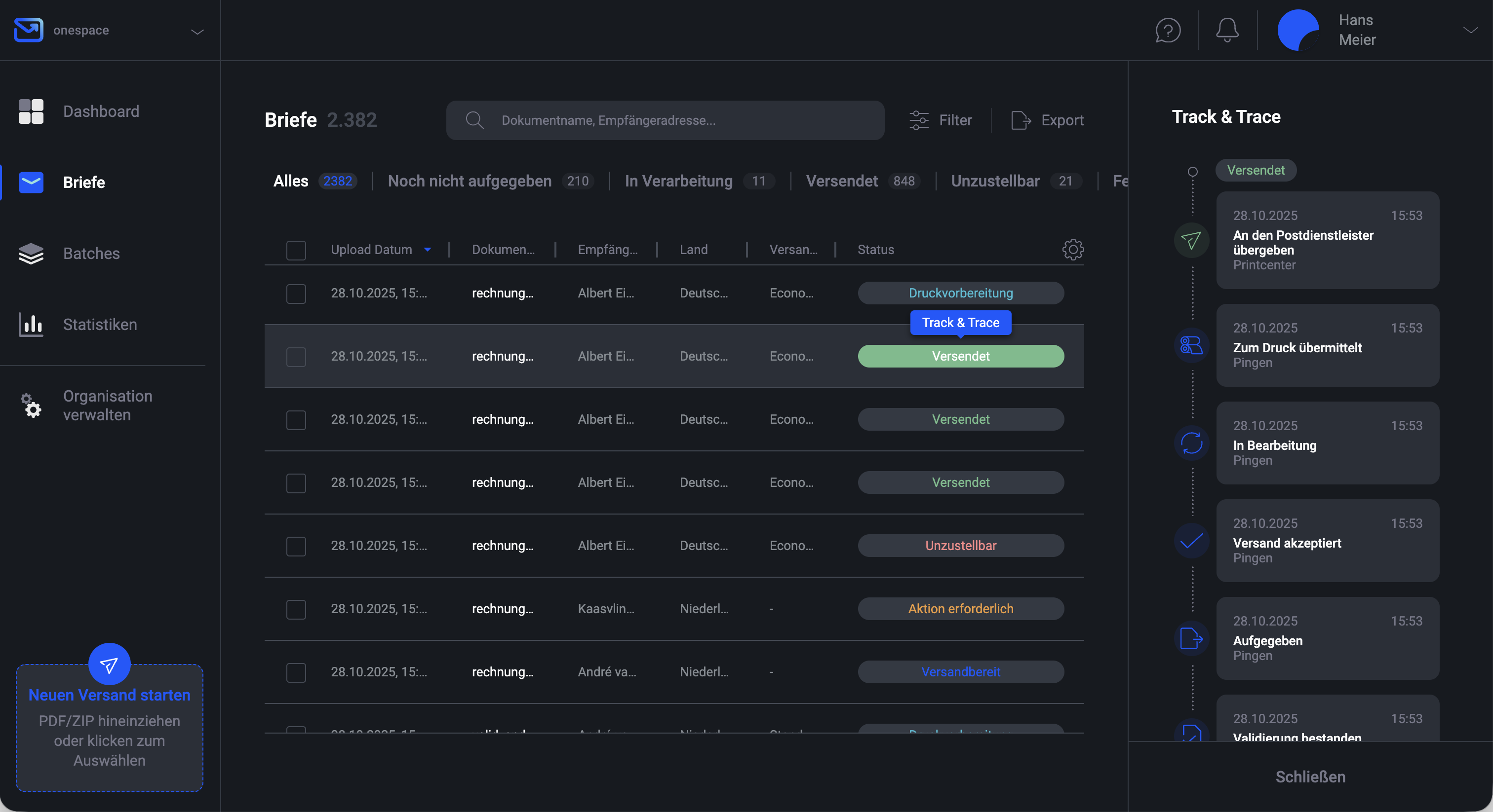 Pingen WebApp zeigt den Echtzeit-Status der Sendungsverfolgung