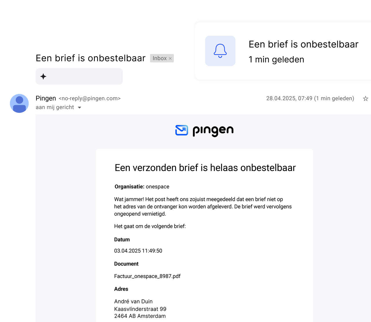 E-mailmelding van Pingen over onbestelbare post